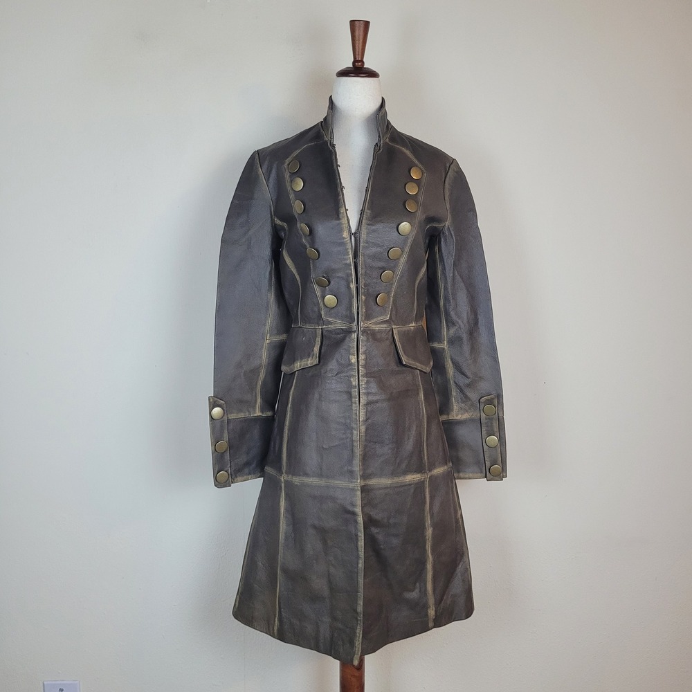 Vintage Newport News Coat 4 Brown Leather Antiqued Military Steampunk Longline